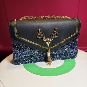 Chic Black and Blue Glitter Clutch with Gold Chain